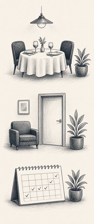 Hand-drawn restaurant, office, and calendar scenes